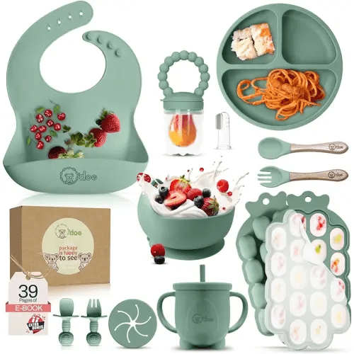 O'doe Baby Weaning Set – 15 Pcs Silicone Baby Feeding Set with Suction Plate, Bowl, Bib, Sippy Cup, Fruit Feeder, Freezer Tray