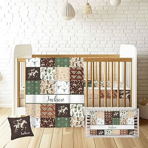 Custom Baby Crib Bedding Set with Name – 3 Piece Cowboy Theme Nursery Set with Blanket, Sheet & Pillowcase – Personalized Gift for Infant Boys & Newborns