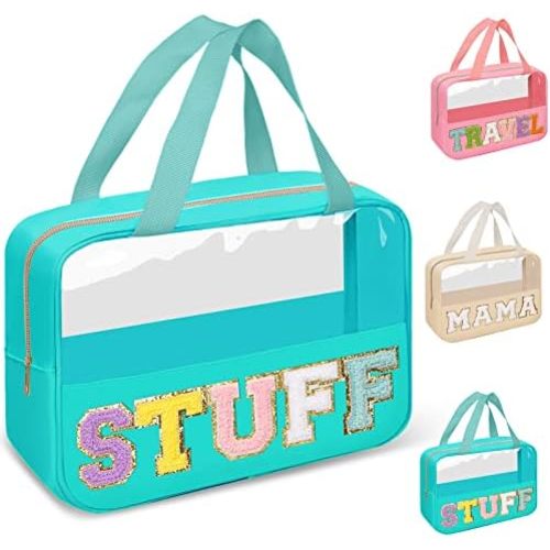 Preppy Clear Stuff Makeup Bags with Chenille Letter Patches, Travel Essentials Large Clear Make up Bag Zipper Pouch with Handle, Waterproof Nylon Cosmetic Toiletry Storage Tote for Women (STUFF-Green)