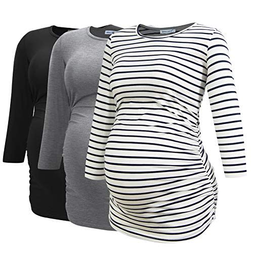 Smallshow Women's Maternity Tunic Tops Clothes 3/4 Sleeve Ruched Pregnancy Shirt