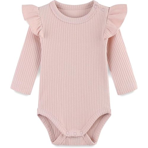 Baby Girl Knit Ruffle Outfit Clothes Ribbed 100% Organic Cotton Solid Color Long Sleeve Romper Clothes 0~24M