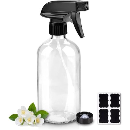 Glass Spray Bottles, 16oz Refillable Containers, Empty Boston Round Bottles with Labels & Adjustable Nozzle for Cleaning, Gardening, Aromatherapy, Pets, Plant, Hair -Clear (1 Pack)