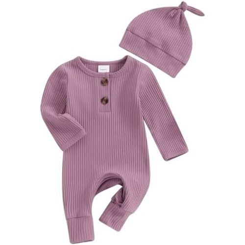 Infant Boys Girls Clothes Set Newborn Baby Romper Hat Ribbed Knit Long Sleeve Button Solid Bodysuit Jumpsuit