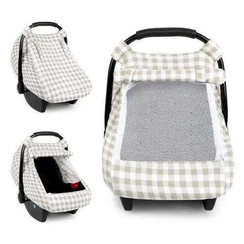DILIMI Car Seat Covers for Babies, Muslin Cotton Baby Car Seat Cover with Breathable Mesh Window, Summer Infant Car Seat Canopy for Boys Girls Newborn, Khaki Checkered