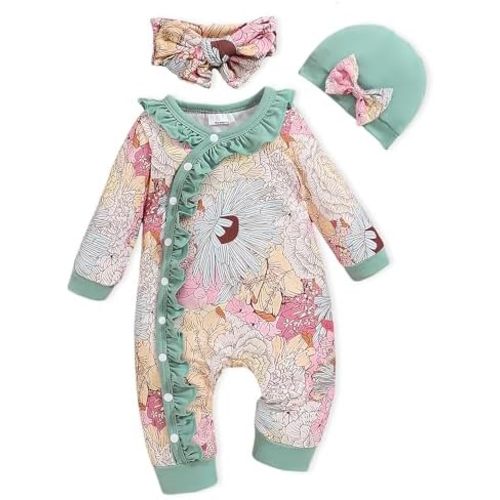 Newborn Baby Girl Clothes Infant Floral Print One-Piece Romper+Jumpsuit+Bodysuit+Hat+Headband