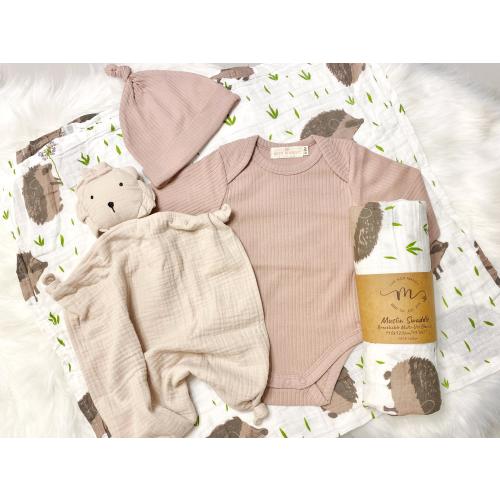 Organic Cotton Baby Gift Set, Ribbed Bodysuit, Muslin Swaddle Blanket