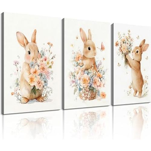 HQQUCC 3Pcs Nursery Bunny Canvas Wall Art, Nursery Decor with Floral Design,12 * 16 inches,Framed