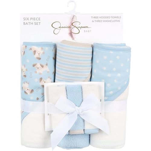 Jessica Simpson 6 Piece Printed Hooded Bath Towel and Washcloth Set for Infant, Newborns and Toddlers 3 – 24 Months for Bath Time, Showers, Lounge, Beach and Pool (6 Piece Puppies Print)