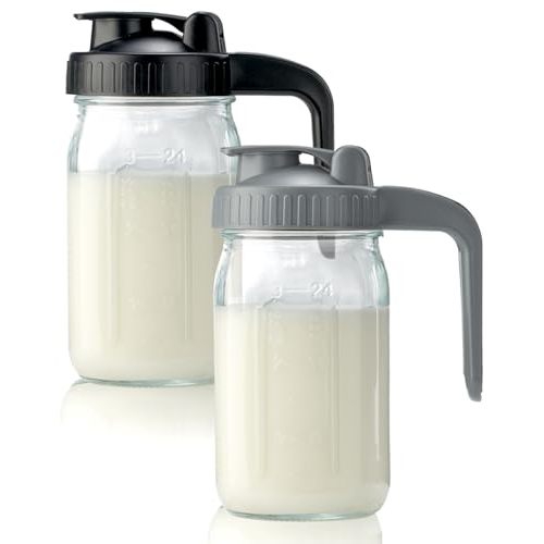Miradexic 2 Pack 32oz Glass Pitcher with Lid & V-shaped Pour Spout - 1 Quart Breastmilk Pitcher Double Leak Proof, Creamer Container for Sun Tea, Juice, Cold Brew Coffee, Breastmilk Storage Container