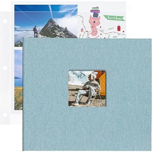 12x12 Inch Large 3 Ring DIY Scrapbook Photo Album with 40 Plastic Sleeves 80 White Pages Linen Cover Blank Scrapbooks, 12 x 12 Scrap Book Albums for Baby Travel Wedding kids (Cyan Blue)
