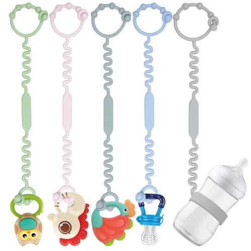 Toy Straps for Baby, Pacifier Holder Clip with Self-Adjusting Bayonet, Pure Silicone Material Without BPA; Can Be Used for Teethers, Feeding Bottles, Toys, High Chairs(5PS)