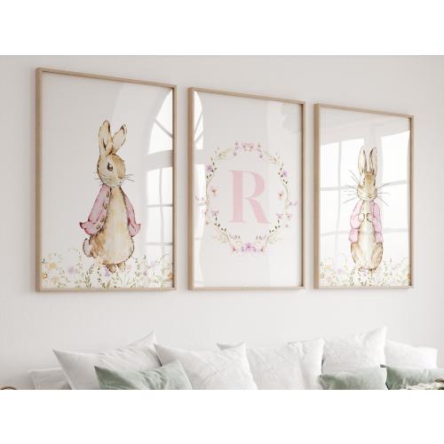 Pink Rabbit Nursery Prints Custom Name, Nursery Decor Wall Art, Floral Wildflower Nursery, Baby Girl Nursery, Digital, Printable, Framed