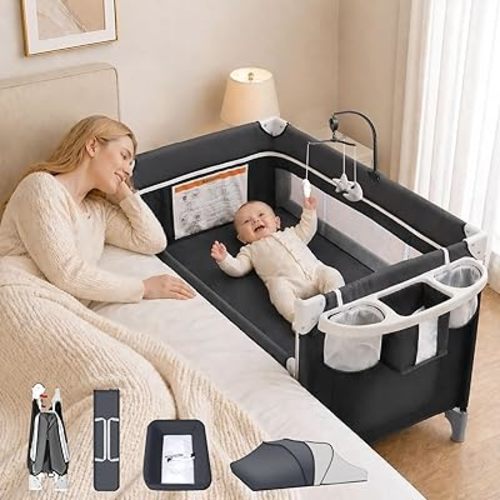 5-in-1 Baby Bassinet Bedside Sleeper, Foldable Pack and Play,One-Push Bedside Crib with Playard, Includes Mattress, Changing Table, Mosquito Net, Music Toy & Storage for Newborn to Toddler (Dark Grey)