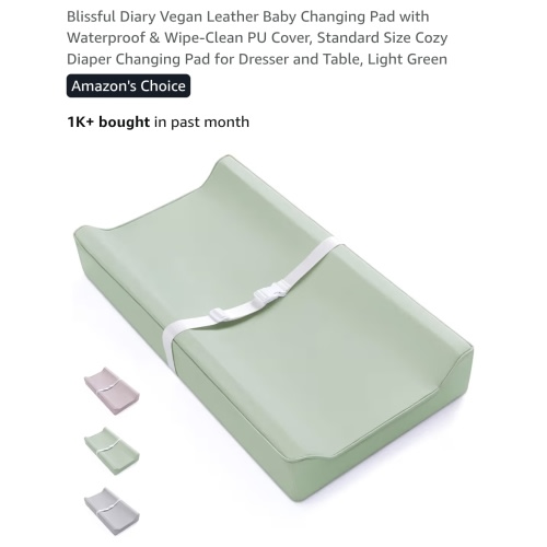 Blissful Diary Vegan Leather Baby Changing Pad with Waterproof & Wipe-Clean PU Cover, Standard Size Cozy Diaper Changing Pad for Dresser and Table, Light Green