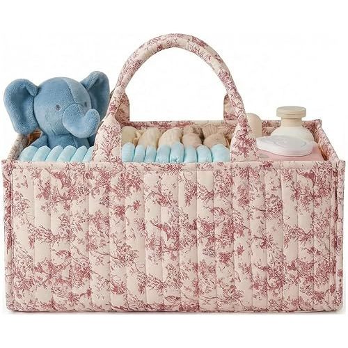 BBIQI Quilted Fabric Storage Basket Floral Baby Diaper Caddy Quilted Basket Organizer for Newborn Nursery Bedroom Car Storage