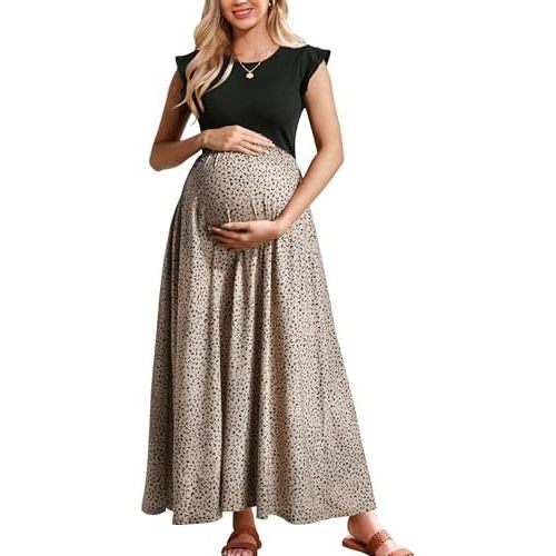OUGES Women 2025 Spring Summer Dresses Maternity Sleeveless Ribbed Fashion Casual Outfits Maxi Dress with Pockets