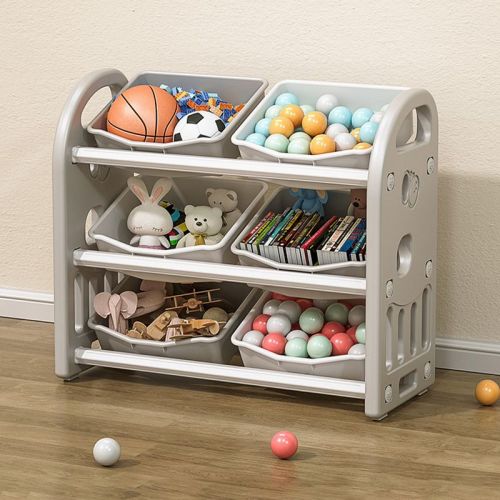 GDFStudio Toval Modern Kids Toy Storage Organizer with HDPE Shelf and Bins, Gray