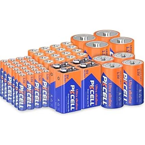 PKCELL 52 Counts Alkaline Batteries, 16 Counts AA Batteries, 24 Counts AAA Batteries, 4 Counts C Batteries, 4 Counts D Batteries and 4 Counts 9V Batteries for Household Electronics