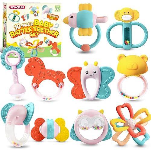 SYNCFUN Baby Toys 0-6 Months, 10 Pack Baby Teething Toys, Infant Baby Toys 6-12 Months, Rattles Teethers Toys for Baby 0-3-6-12 Months, Newborn Baby Boy Girl Gifts