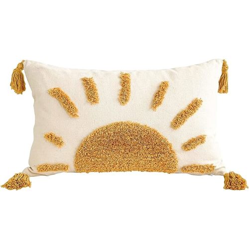 Zealax Lumbar Decorative Boho Throw Pillow Cover 12x20 Inch for Couch Living Room Outdoor, Sun Tufted Pillow Covers with Tassels Cushion Case, Rustic Farmhouse Home Decor (No Pillow Insert, 1Pc)