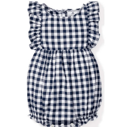 Baby's Twill Ruffled Romper in Navy Gingham