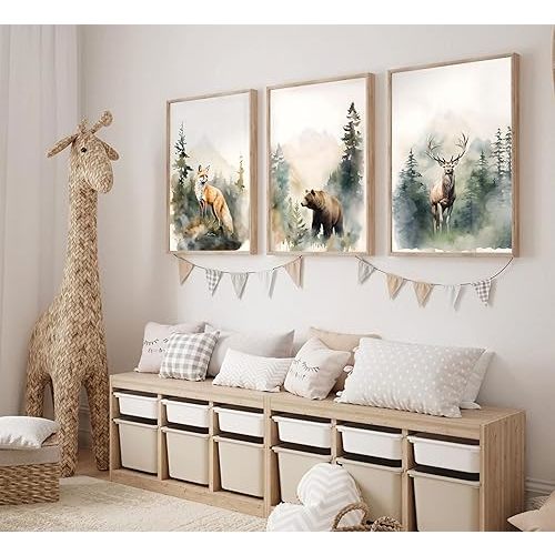 LYNARTFN 3Pcs Woodland Nursery Canvas Wall Art Animals Wall Decor Forest Prints Posters Deer Bear Fox Watercolor Pictures Paintings for Boys Room Girls Room 16x24in Unramed
