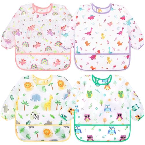 Accmor 4 Pack Long Sleeve Bibs, Baby Smock Waterproof Sleeved Bib Smock for Baby Toddler 6-36 Months