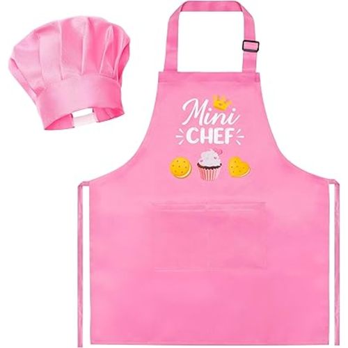 R HORSE Kid Apron and Chef Hat Set 2Pcs Adjustable Children Light Pink Kitchen Toddler Apron for Girls, Role Play Chef Toy Cooking Baking Painting and Training Kits Kid Funny Cooking Birthday Gift
