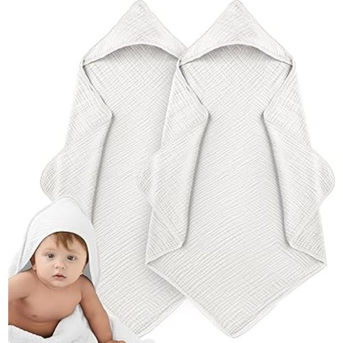 Muslin Hooded Baby Towels for Newborns, 32"x32", 100% Cotton – 6 Layers Super Soft Absorbent Breathable, Baby Bath Towel, Toddler Bath Towel – Pack of 2