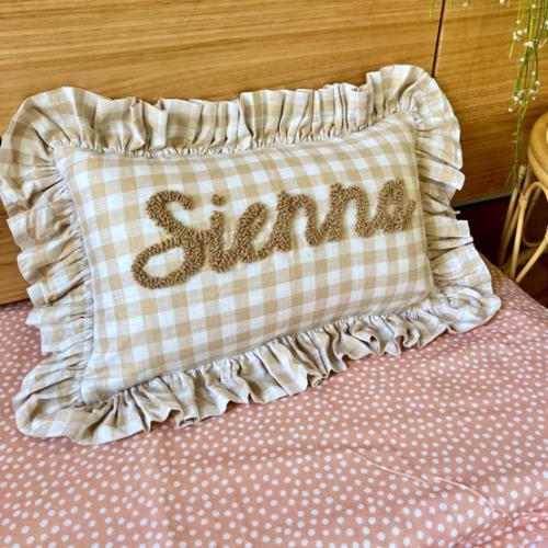 SAND GINGHAM Personalised Ruffled Cushion Handmade Punch Needle Decor | Gingham Nursery Kids Children Room Styling | Custom Gift Baby Shower