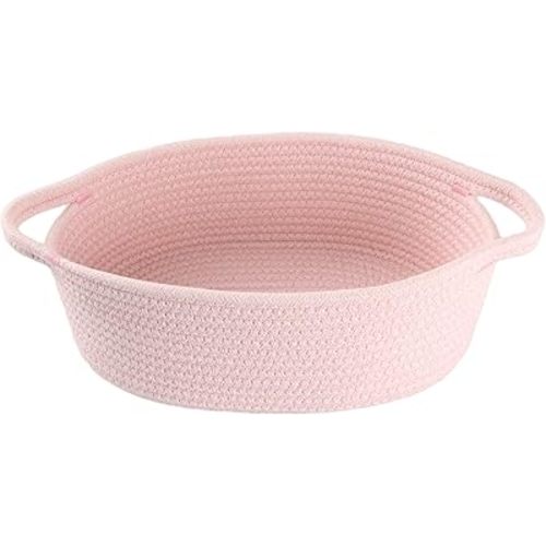 Small Woven Basket Cute Oval Cotton Rope Gifts Basket with Handle Empty Baby Wicker Storage Basket nursery Box Bin kids organizer Cat Dog toy basket Easter Basket light pink