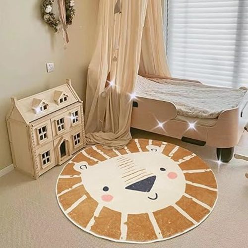 ABREEZE Kids Play Rug 4ft, Lion Round Area Rug Kids Nursery Door Mat Soft Plush Non-Slip Childrens Carpet for Bedroom Living Room Playroom,Brown