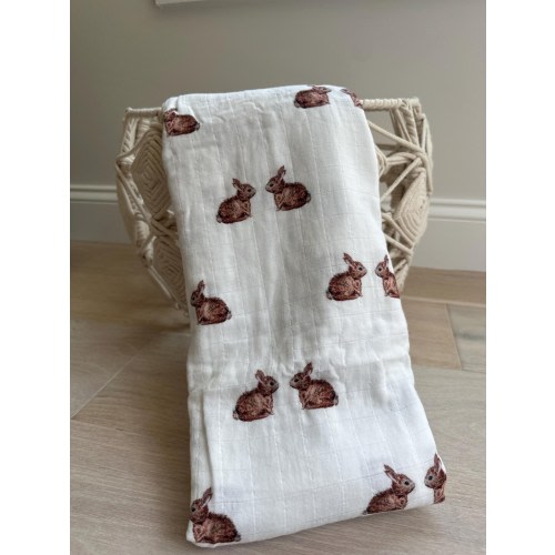 100% GOTS organic cotton muslin baby swaddle blanket large 47” bunny rabbit print