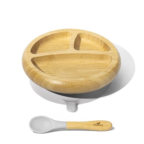 Avanchy Baby Plates Divided Bamboo with Suction for Babies Kids Toddler Food with Silicone Spoon for Feeding (Gray)