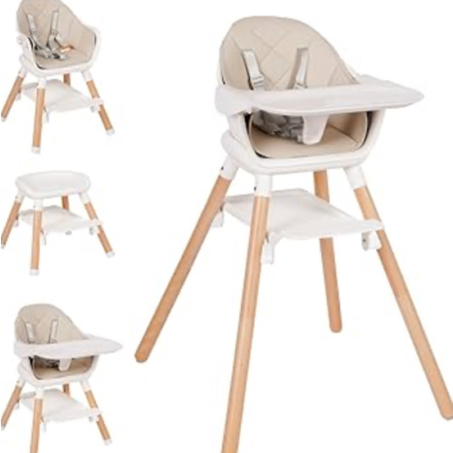 High Chair, 6 in 1 Wooden Convertible High Chairs for Babies and Toddlers, Booster Seat with Double Tray & Reversible Footrest Baby Highchair, 5-Point Harness Baby Feeding Chair, Beige