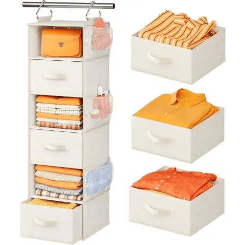 Pipishell Hanging Closet Organizer 6-Shelf, Hanging Shelves for Closet with 3 Removable Drawers & Side Pockets, Hanging Shelf Organizer for Bedroom or Garment Rack, 12'' x 12'' x 43.3'', White