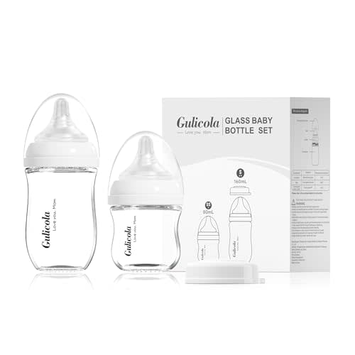Gulicola Natural Glass Baby Bottle Newborn Set, 3 oz and 5 oz with Extra Slow Flow & Slow Flow Nipple, Anti Colic, 0-3 Months, 2 Pack - White