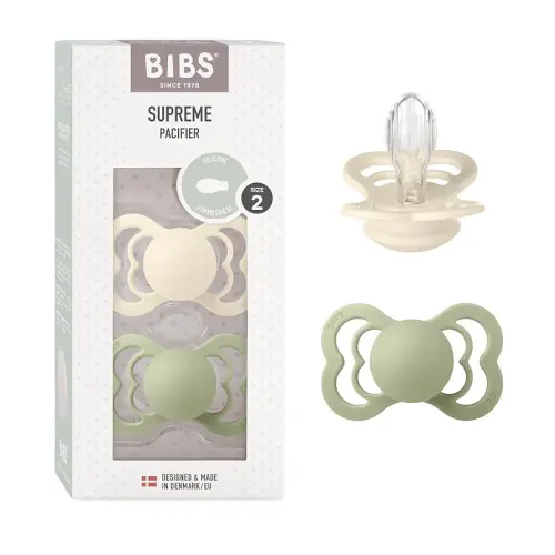 BIBS Pacifiers - Supreme Collection | Symmetrical Nipple | Silicone | Made in Denmark | Set of 2 Ivory/Sage Color Premium Soothers | Size 6-18 Months