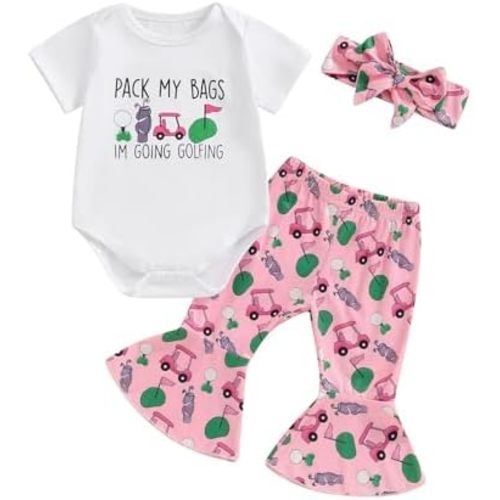 Newborn Baby Girl Golf Outfit Letters Short Sleeve Romper Golf Cart Bell Bottoms 3Pcs Set Infant Summer Clothes