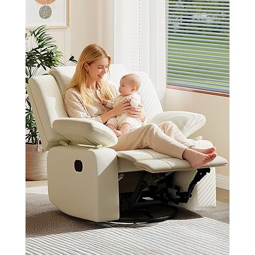 AILEEKISS Rocking Chair Nursery Swivel Recliner Glider Chair with Adjustable Armrests,Headrest Rocker Nursing Chair for Breastfeeding Comfy Upholstered Living Room Reclining Chairs(Beige)