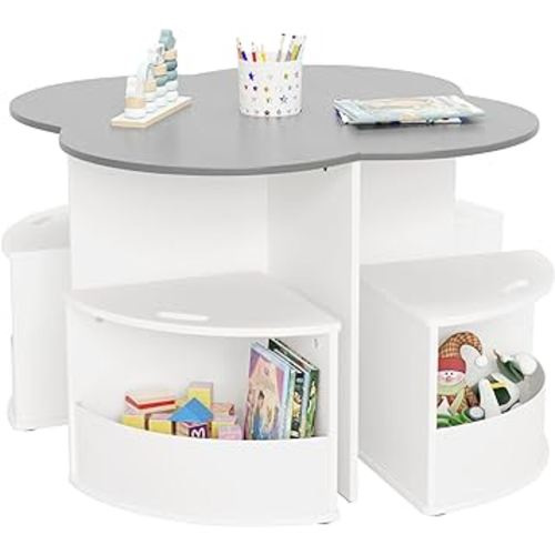 Toddler Table and Chair Set with 4 Storage Stools, Flower Shaped Nesting Design Table with Free Built-in Pen Holder, Kids Table for Activity/Play/Art/Read/Craft, Grey and White
