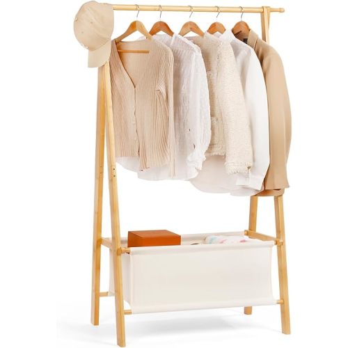 Bamboo Clothes Rack with Storage Box, Portable Extra Large Garment Rack Clothing Rack, Foldable Wardrobe For Entryway and Bed Room (M)