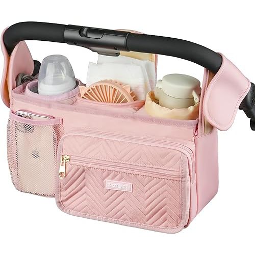Universal Stroller Organizer with Insulated Cup Holder,Stroller Caddy Bag with Wet Wipes Pocket,Stroller Accessories Fits for Uppababy,Doona,Jogger,Britax,Mompush,BoB Strollers,Pink