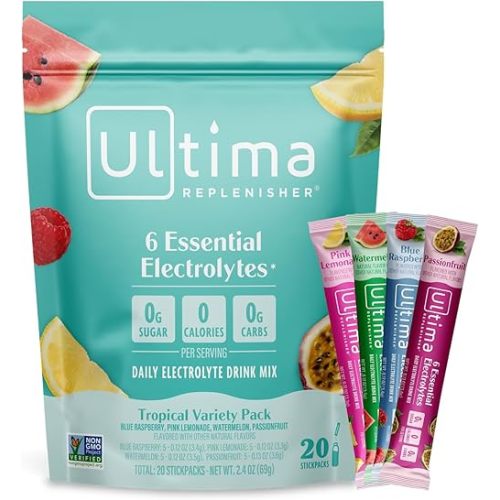 Ultima Replenisher Daily Electrolyte Powder – Tropical Variety Pack, 20 Stickpacks – Zero Sugar Hydration Packets with 6 Electrolytes and Minerals – Sugar Free, Plant Based & Keto Friendly​ Drink Mix