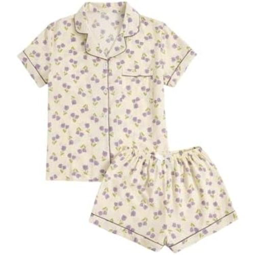 Verdusa Women's 2 Piece Pajama Set Matching Pjs Sets Cute Printed Sleepwear Button Up Shirt with Lounge Shorts Set