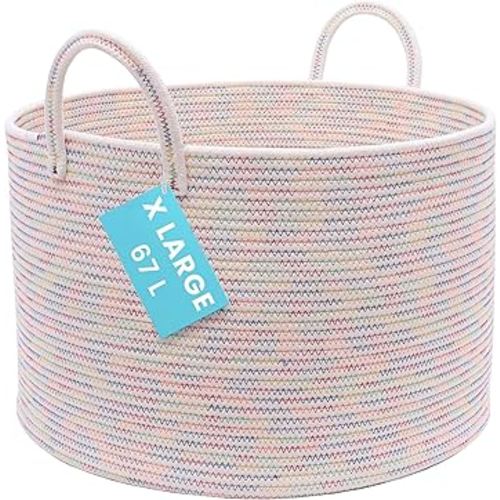 OrganiHaus Large Woven Storage Basket for Blankets and Toys 20" x 13" Inch, Rope Laundry Basket with Handles, Cushions & Pillows Storage Bin, Nursery Hamper, Soft Round Dog Toy Bin - Rainbow Stitches