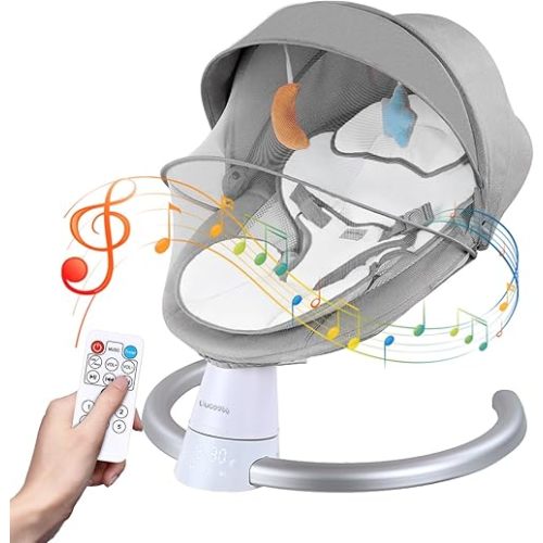 Baby Swing for Infants, Portable Electric Baby Swing Bluetooth Support with 5 Swing Speed 10 Lullabies, Remote Control/Touch Panel - Infant Swing for Indoor and Outdoor Use, Gray