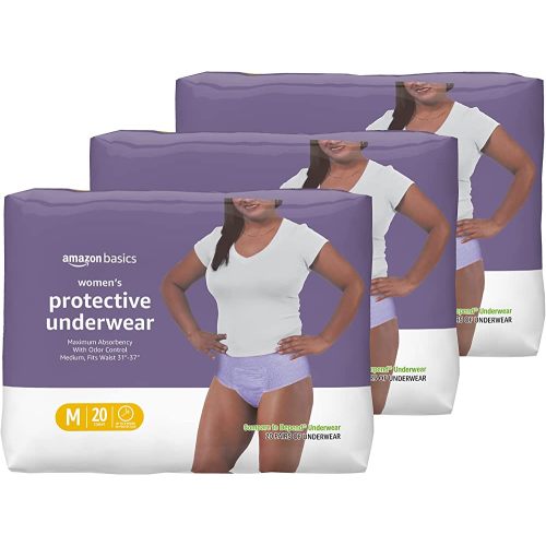 Amazon Basics Incontinence Underwear for Women, Protective, Disposable, Postpartum, Maximum Absorbency, Medium, Lavender, 60 Count (3 Packs of 20)