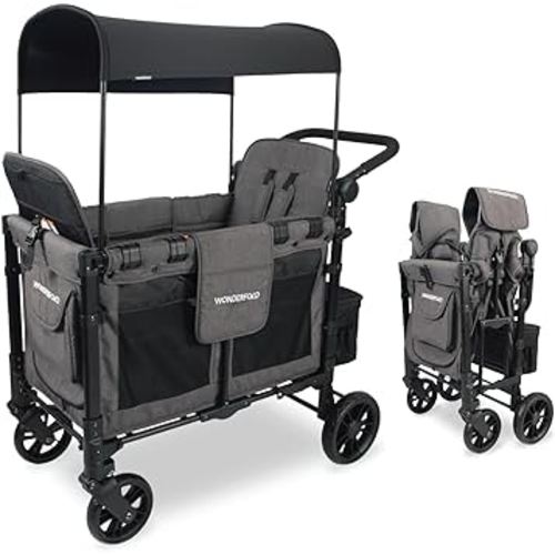 WONDERFOLD W2 Elite Double Stroller Wagon Featuring 2 High Seats with 5-Point Harnesses, Adjustable Push Handle, and Height Adjustable UV-Protection Canopy, W2 Elite Gray
