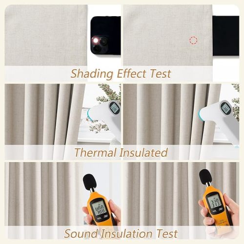 Guken Greyish Beige Linen Blackout Curtains 84 Inch Length 2 Panels Set for Living Room Bedroom Back Tab Thermal Insulated 100% Black Out Linen Drapes Room Darkening Window Curtains 84 Inches Long